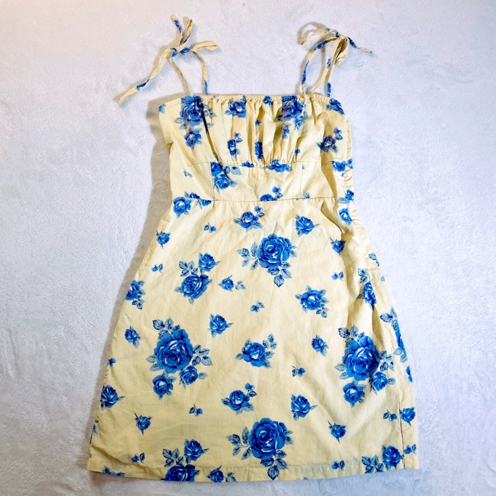 Floral Tie Strap Mini Dress Yellow Blue Roses